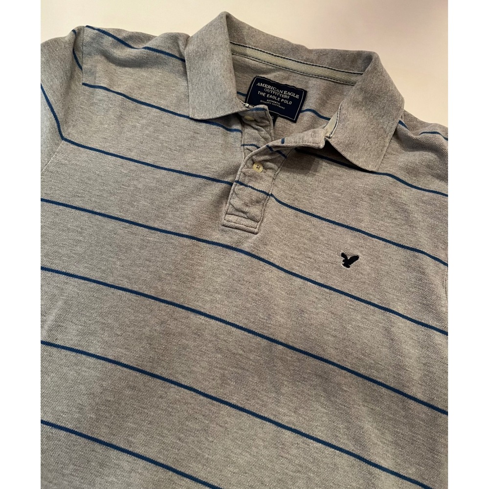 American Eagle‎ Outfitters Men's The Eagle Polo Shirt Gray Blue Stripe Size XL